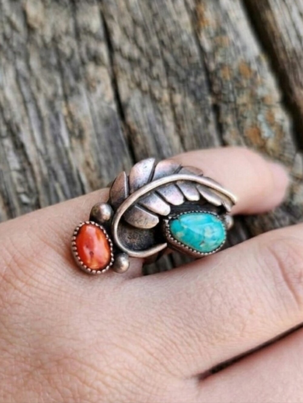 Sterling Silver Vintage Turquoise, And Red Coral Ring